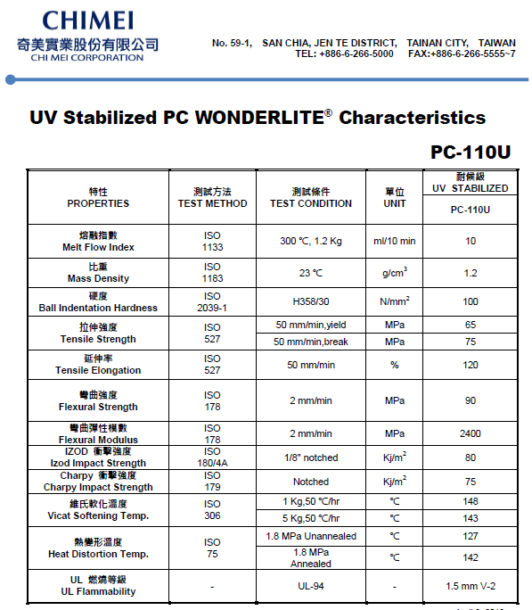 這是一張臺(tái)灣奇美PC PC-110U物性參數(shù)表圖片