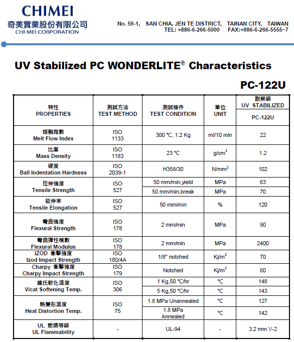 這是一張臺(tái)灣奇美PC PC-122U物性參數(shù)表圖片